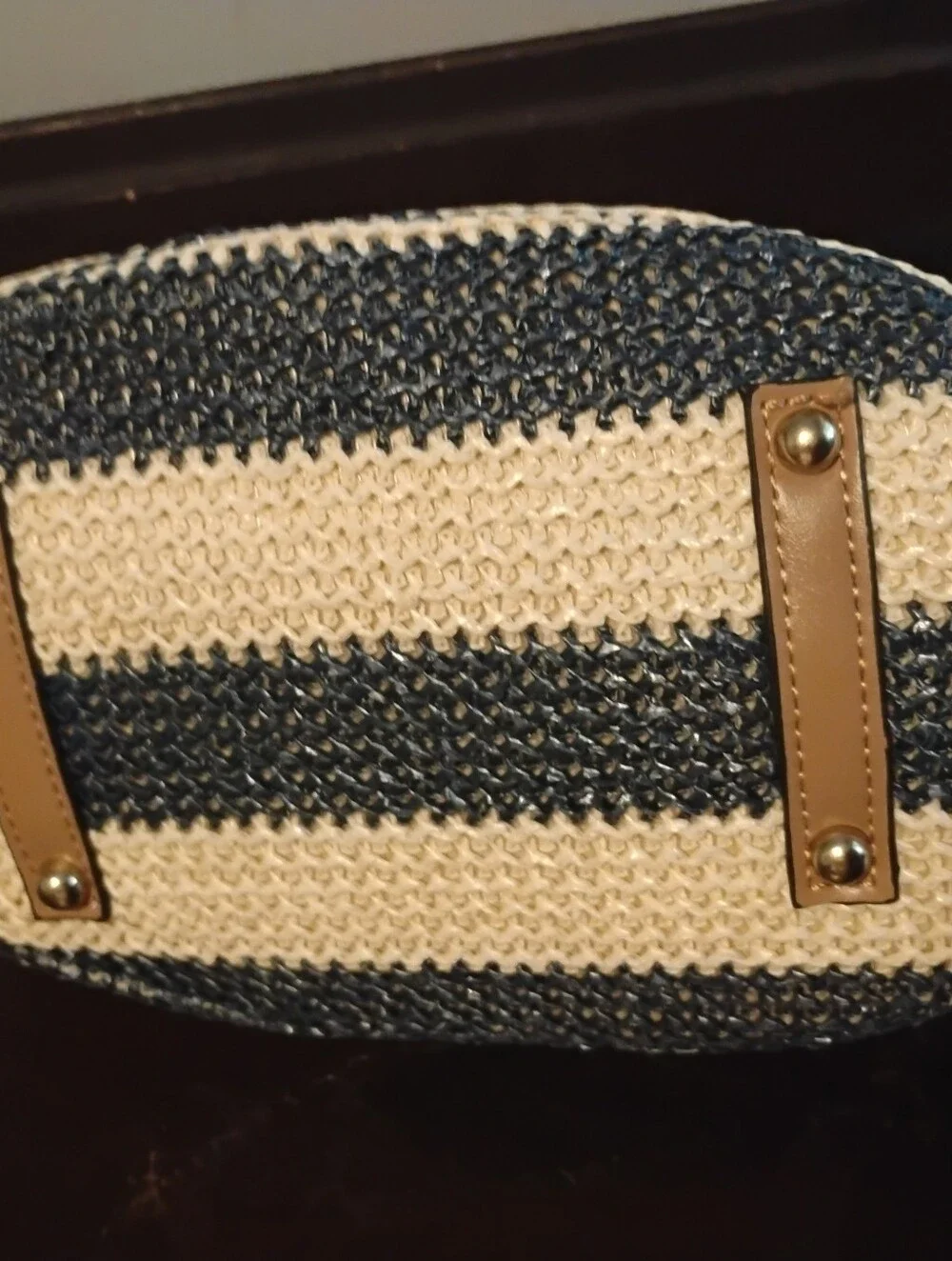 Olivia Miller Tan and Navy Striped Straw Tote